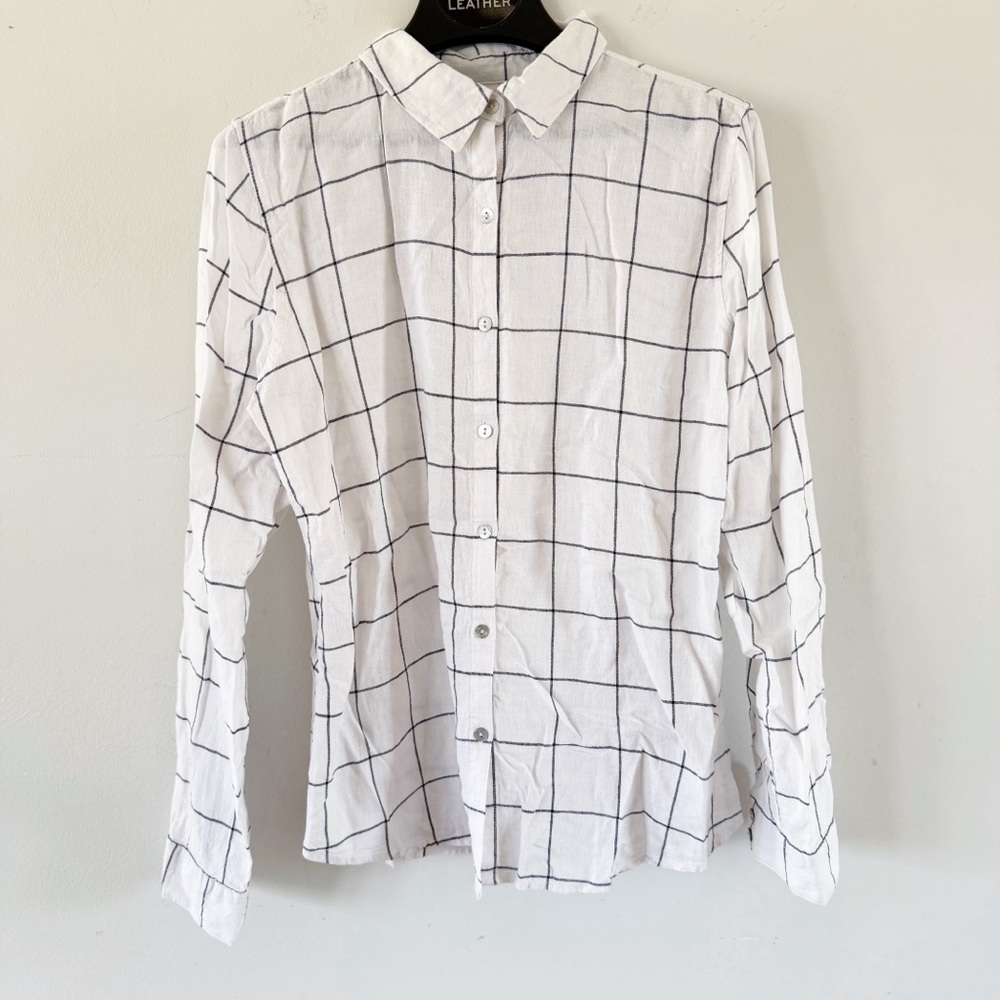 Tahari Women Linen Blend Plaid Button Down Top‎ Medium Coastal Beach Casual Work
